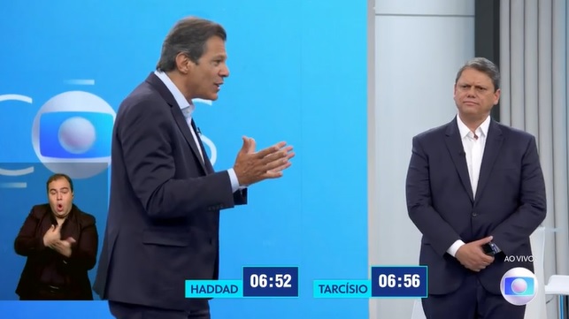 Haddad e Tarcísio de Freitas no debate da Globo